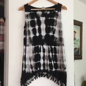 American Age Black & White Tie-Dye Fringe Tank Top